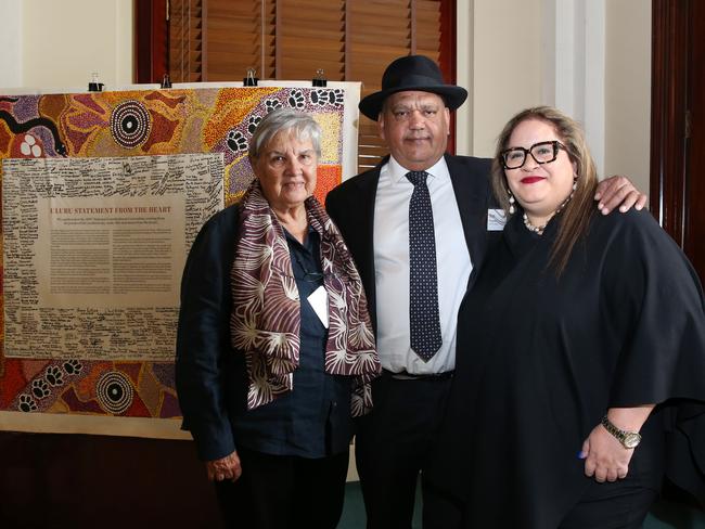 26/05/2021. Megan Davis, Pat Anderson and Noel Pearson join The Sydney Peace Foundation at Sydney Town Hall today, where The Uluru Statement from the Heart is announced as the winner of the 2021 Sydney Peace Prize (pictured with the Uluru Statement from the Heart). Britta Campion / The Australian