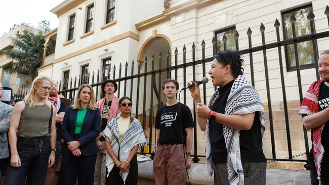 Greens MP Jenny Leong (right) chanted an anti-Israel slogan as she addressed protesters outside NSW parliament. NewsWire / Max Mason-Hubers