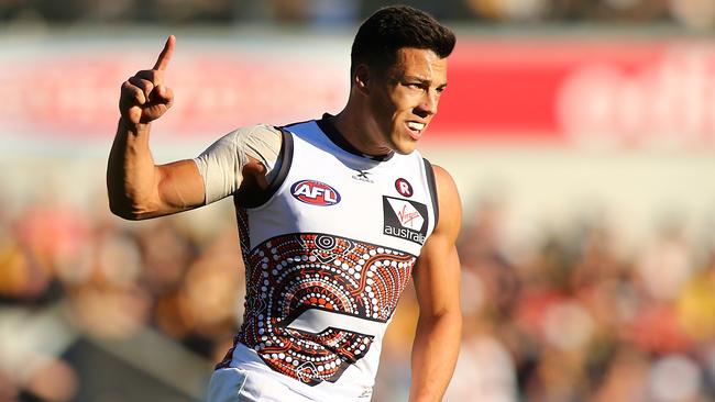 Dylan Shiel celebrates a goal for GWS.