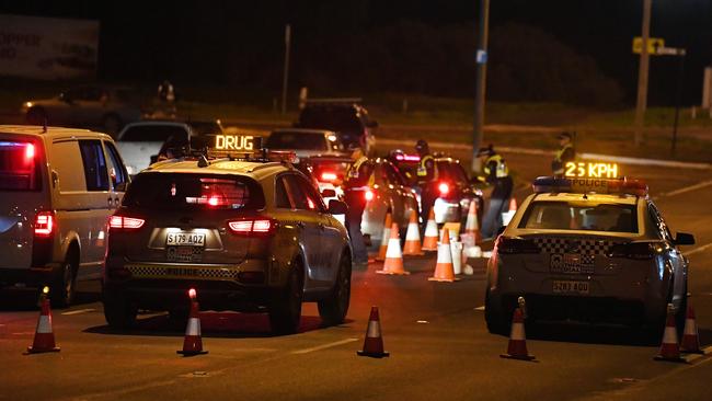 Police officers conduct random breath test on Port Wakefield Road in Mawson Lakes. Picture: Tom Huntley