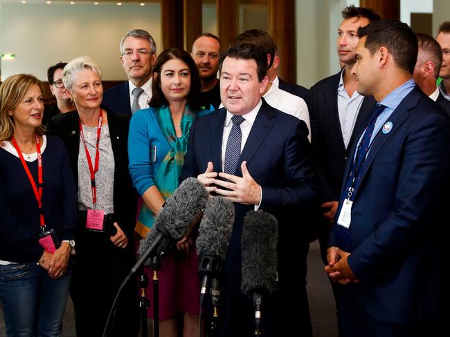 Liberal Senator Dean Smith (centre) speaking after parliament passed the same-sex marriage bill in 2017. Picture: AFP/Sean Davey