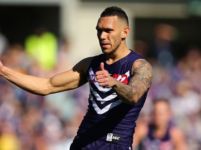 PERTH, AUSTRALIA - AUGUST 20: Harley Bennell of the Dockers celebrates a goal during the round 22 AFL match between the Fremantle Dockers and the Richmond Tigers at Domain Stadium on August 20, 2017 in Perth, Australia.  (Photo by Paul Kane/Getty Images)