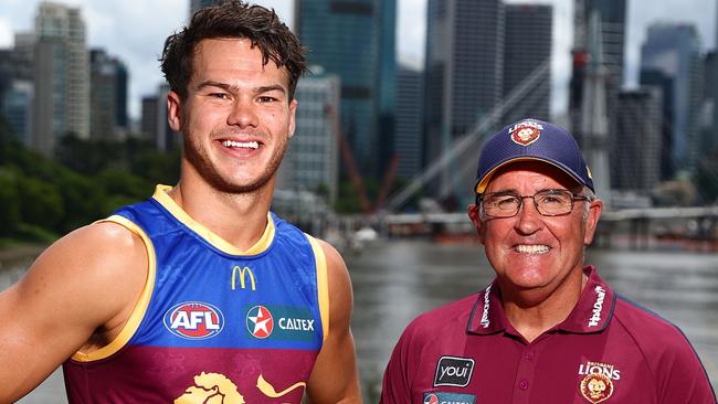 BRISBANE, AUSTRALIA - MARCH 07: Lions head coach Chris Fagan and Cam Rayner pose during a 2024 AFL Opening Round Media Opportunity at Kangaroo Point on March 07, 2024 in Brisbane, Australia. (Photo by Chris Hyde/Getty Images)