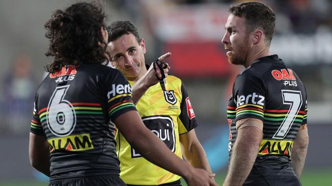 Referee Gerard Sutton sends Jarome Luai to the sin bin. Picture: AAP