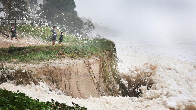 Gold Coast battered by Cyclone Alfred, as it made land. Erosion and foam make for a spectacle at Main Beach. Picture Glenn Hampson