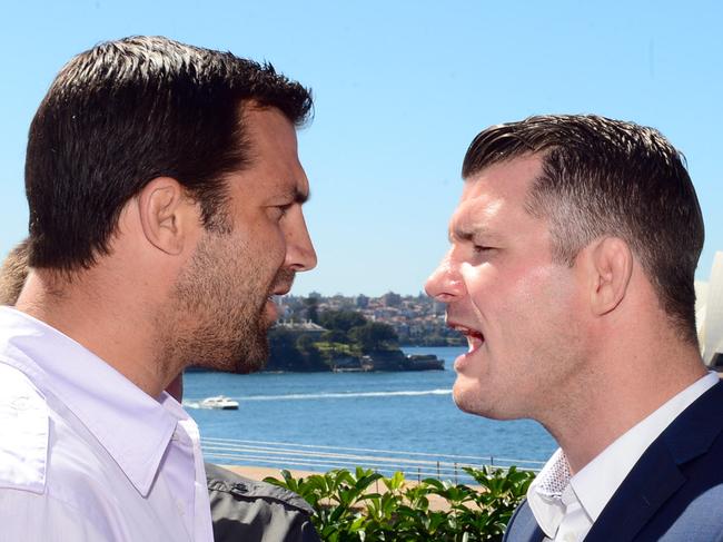 (LtoR) UFC Fighters Luke Rockhold and Michael Bisping exchange words at the upcoming fight in November. Photo Jeremy Piper