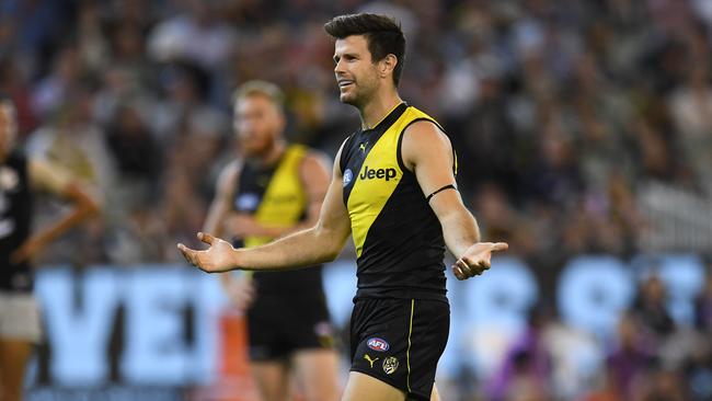 Trent Cotchin reacts after a 50m penalty was awarded against him. Photo: AAP Image/Julian Smith