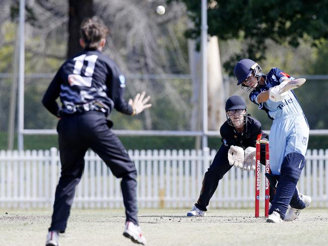 Sutherland's Sam Jaques sends it away for four off the bowling of Penrith's Henry Laurie. Picture: John Appleyard