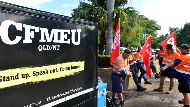 The CFMEU held a protest outside Townsville City Council Chambers on Thursday. PICTURE: MATT TAYLOR.