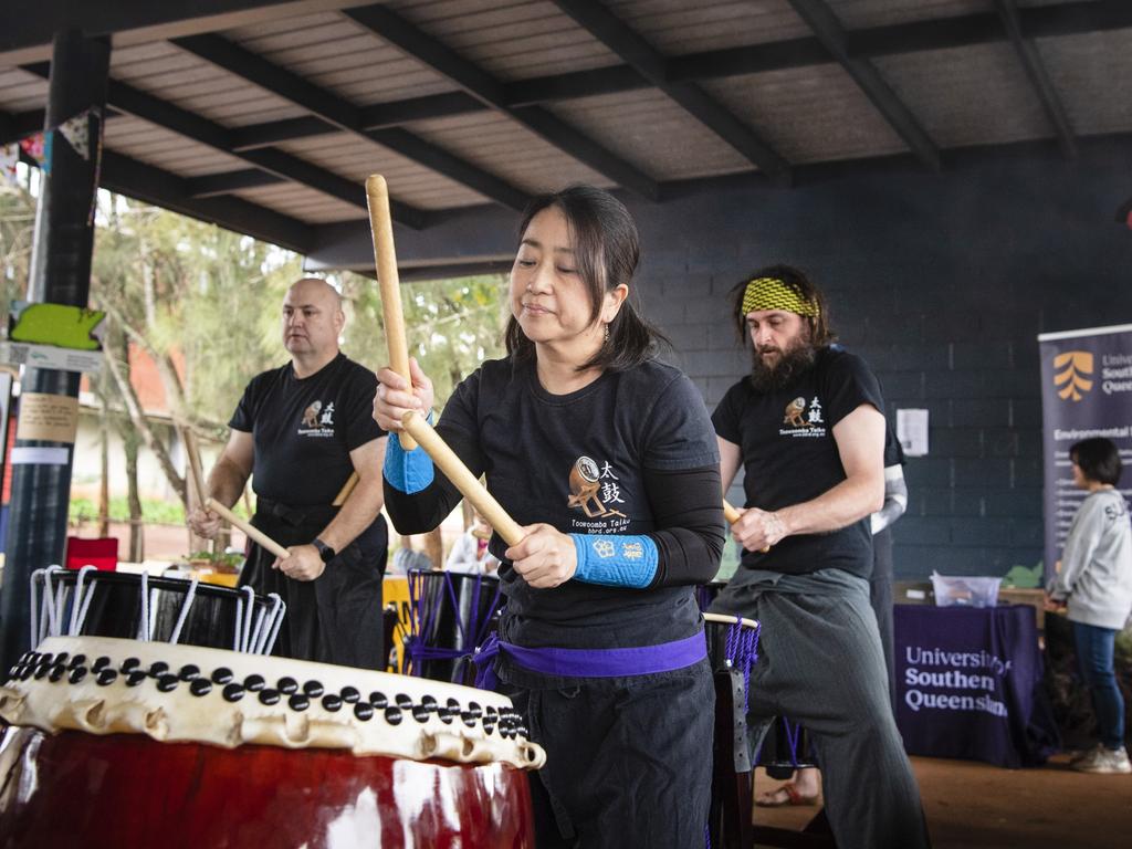 Mika Bowden (front) performs with Toowoomba Taiko at World Environment Day Toowoomba celebrations at wet weather venue Rangeville State School, Sunday, June 4, 2023. Picture: Kevin Farmer