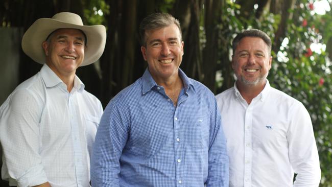 Member for Traeger, Robbie Katter, KAP candidate for Cook, Duane Amos and Member for Hinchinbrook, Nick Dametto in Cairns on Friday, May 10, 2024. Picture: Samuel Davis