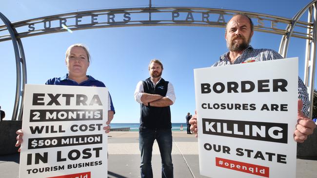 Gold Coast tourism operators rally together driving en masse through Surfers Paradise to protest the proposed border closures until September. The rally was called toot for Tourism.Sarah Colgate from Aquaduck, Anthony Ardern from Whales in Paradise and Greg Daven from Hot Air let their feelings be known..Picture Glenn Hampson