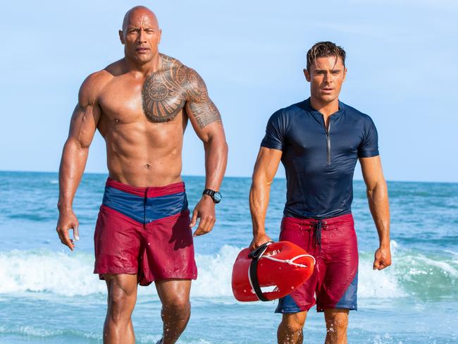 Dwayne Johnson and Zac Efron in a scene from the new Baywatch movie.