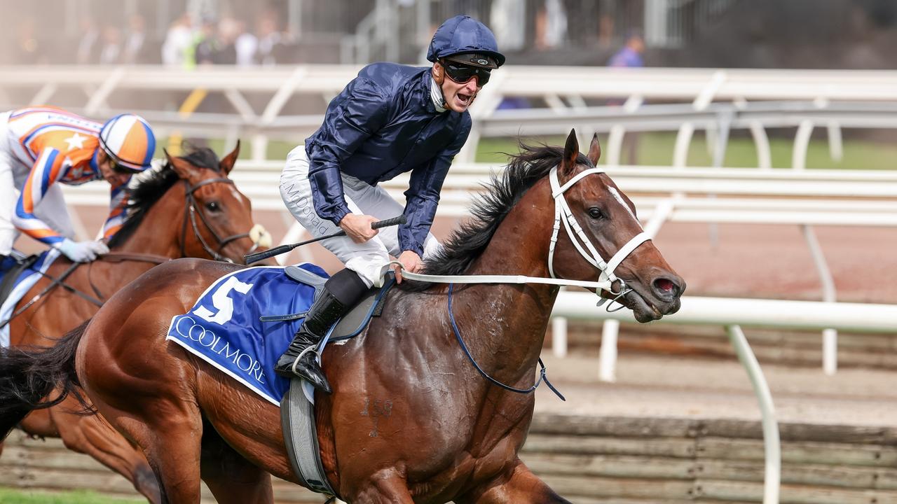 Switzerland storms to victory in the Group 1 Coolmore Stud Stakes at Flemington. Picture: Morgan Hancock/Racing Photos via Getty Images