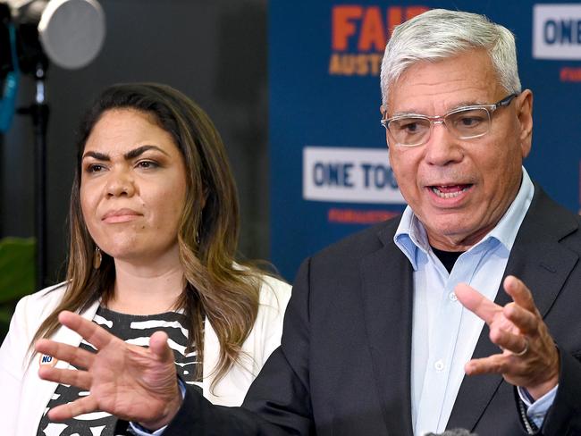 BRISBANE, AUSTRALIA - NewsWIRE Photos OCTOBER 14, 2023:  Warren Mundine and Jacinta Nampijinpa Priceat the NO Campaign event in Brisbane.VOICEREF23 Picture: NCA NewsWIRE / John Gass