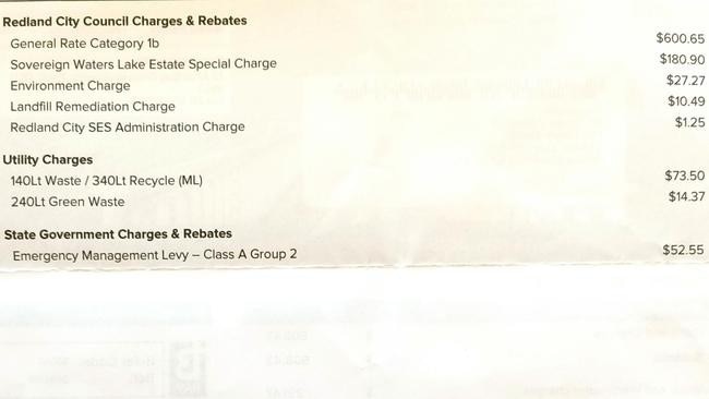 A typical quarterly Redland Council rates bill for a Sovereign Waters Estate property in 2018. Picture: Contributed