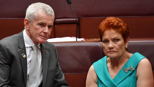 One Nation Senator Malcolm Roberts and One Nation leader Senator Pauline Hanson during a division in the Senate chamber. Picture: AAP