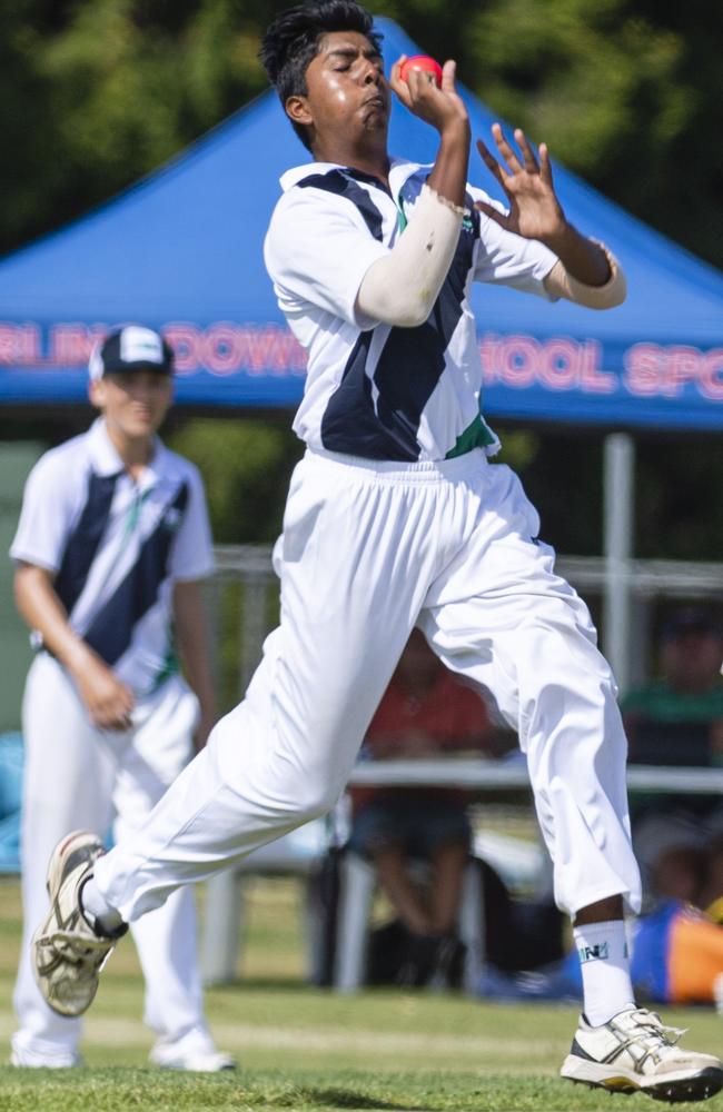 Amitoj Sidhu bowls for Metropolitan North against Darling Downs in Queensland School Sport 13-15 Years Boys Cricket Championships at Captain Cook oval, Sunday, February 20, 2022. Picture: Kevin Farmer