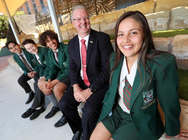 Executive Principal Llew Paulger with students Carlos Martin, Nico O'Sullivan, Jinali Trindall and Olivia Crane at Kelvin Grove State College. Pics Tara Croser.