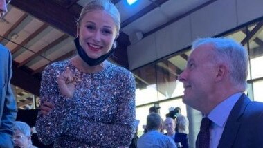 Grace Tame was all smiles for Mr Albanese at the AoTY awards. Credit: @izzygmarshall