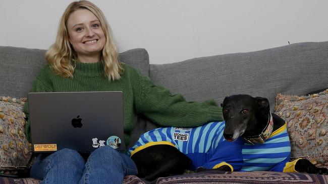 Cisco cybersecurity sales specialist Yvette Vials working from home with her pet greyhound "Delores".   Status of remote Working from home, 3 years after the Covid Pandemic. Picture: John Appleyard