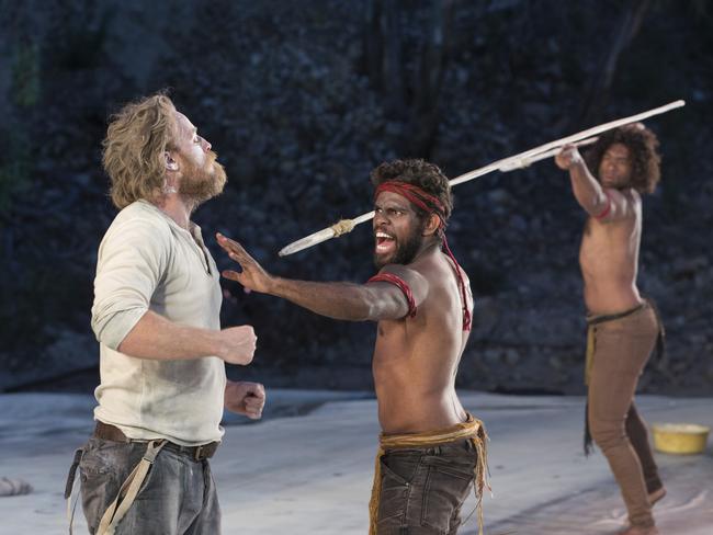 From left: Nathaniel Dean, Shaka Cook and Marcus Corowa in The Secret River. Picture: Shane Reid