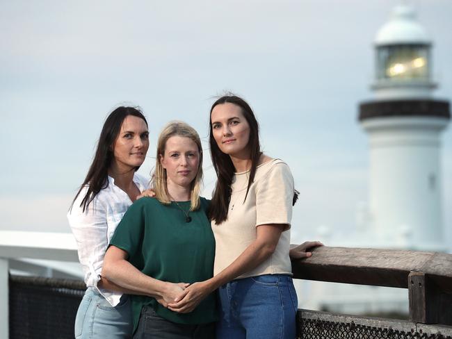 30/10/2019:  Concerned locals who began a spontaneous and ongoing search effort Sheri D'Rosario and twin sisters (L-R) Jaclyn Scott (in white shirt) and Renee Scott, when Belgian national Theo Hayez went missing in strange circumstances near the light house on Cape Byron at Byron Bay, northern NSW. Lyndon Mechielsen/The Australian