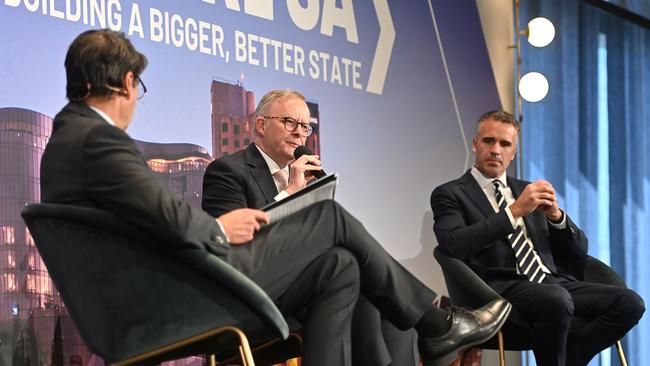 David Penberthy, Prime Minister Anthony Albanese and Premier Peter Malinauskas Picture: Keryn Stevens
