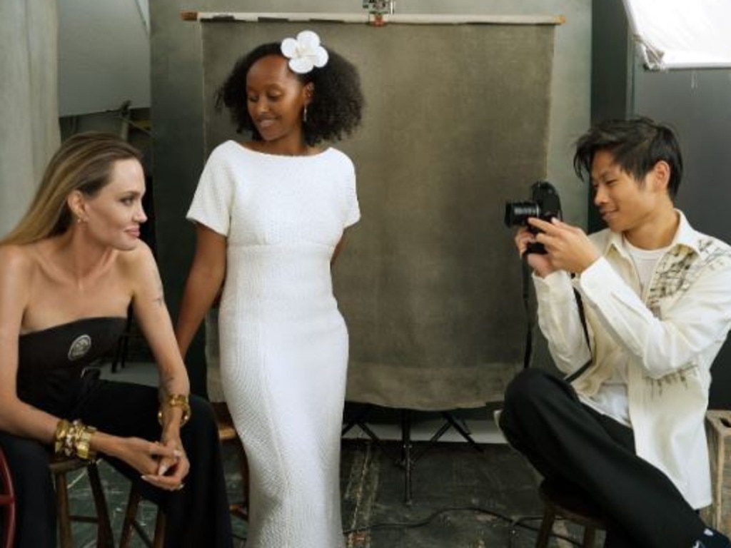 Angelina Jolie is featured with two of her kids, daughter, Zahara, and son, Pax, in the November 2023 edition of US Vogue. Picture: Annie Leibovitz/Vogue