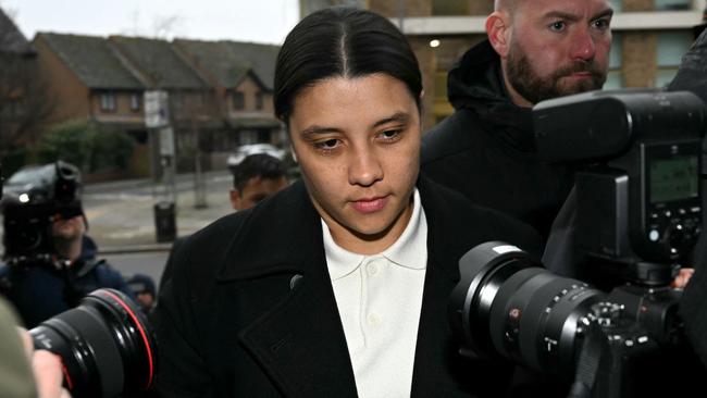 Chelsea's Australian striker Sam Kerr arrives at Kingston Crown Court in south London on February 11, 2025. Prosecutors in the trial of Kerr, who called a police officer "stupid and white", have asked the jury if perceptions would be different had she said "stupid and black". The Australia captain is on trial charged with causing racially aggravated harassment, which she denies, to police constable Stephen Lovell during an incident in southwest London in the early hours of January 30, 2023. (Photo by JUSTIN TALLIS / AFP)