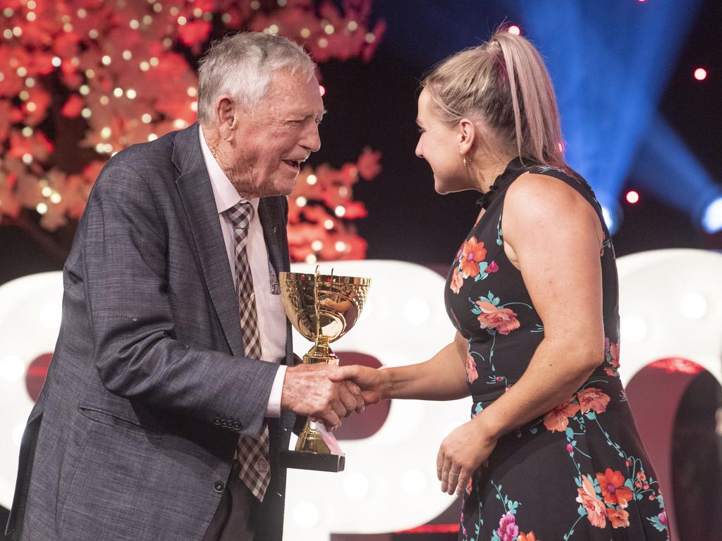 Jackie Gallagher receives the Senior Sports Star of the Year Runner-Up on behalf of Jai Gordon from Clive Berghofer Land Sales. Sports Darling Downs Sports Stars of the Year dinner. Saturday, February 11, 2023. Picture: Nev Madsen.