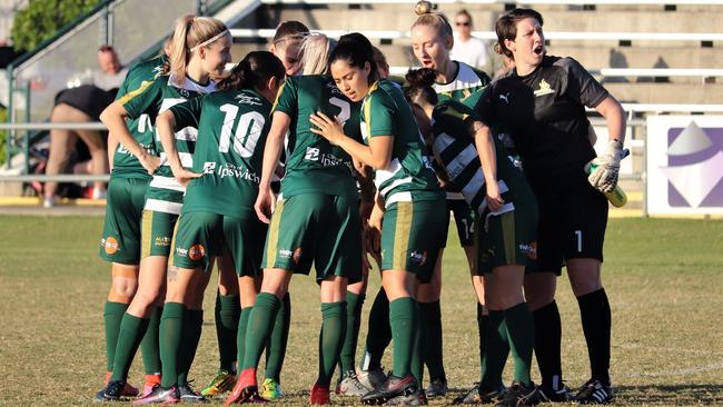 Western Pride players form a huddle after scoring in a recent NPLW competition match. Picture: Kerry Hyett