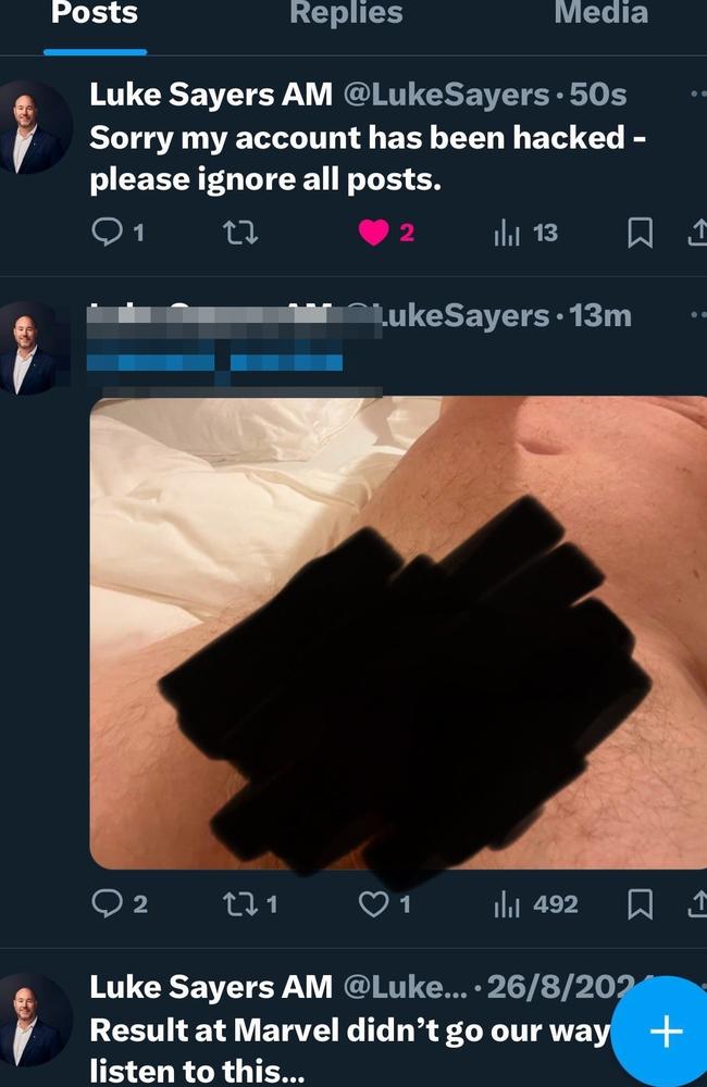 Carlton Football Club president Luke Sayers deactivated his X account after a lewd photo of a penis appeared on it. Picture: Twitter