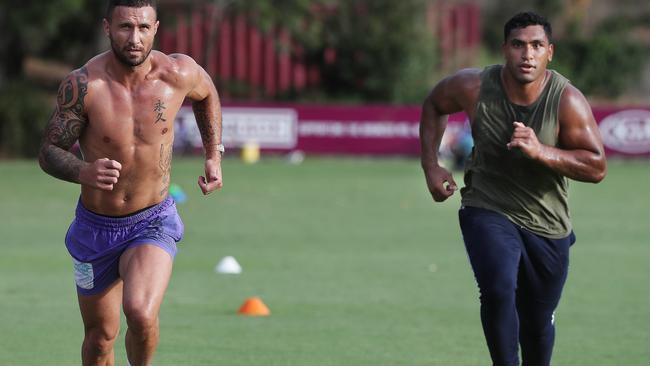 Quade Cooper and Tevita Pangai Jnr train together earlier this year.