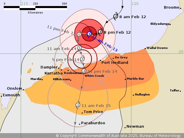 Tropical Cyclone Zelia has been declared a category five system and is expected to make landfall on Friday afternoon, with winds up to 290km/h possible. Picture: BOM