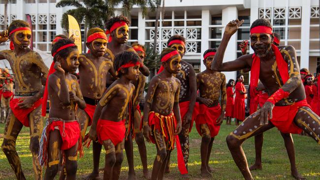 Kenbi Dances from Belyuen community at the Northern Land Council 50 Year Anniversary Concert in State Square, Parliament House, Darwin. Picture: Pema Tamang Pakhrin