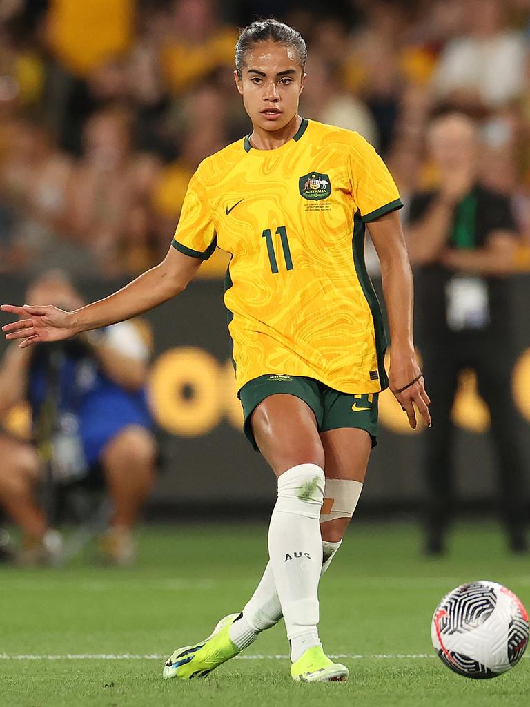 Mary Fowler controls the ball during the AFC Women's Olympic Football Tournament Paris 2024 Asian Qualifier Round 3 match on February 28, 2024 in Melbourne, Australia. Picture: Kelly Defina/Getty Images.