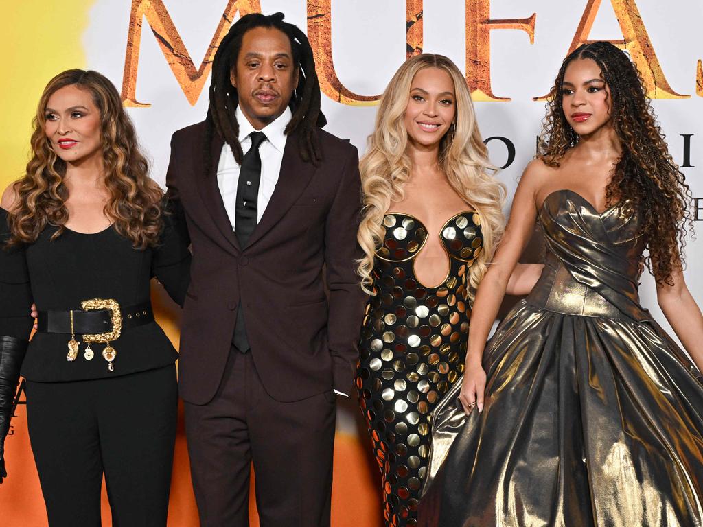 (L-R) Tina Knowles, with son-in-law Jay-Z, daughter Beyonce andgranddaughter Blue Ivy Carter has hit back at “evil” Kanye West. Picture: AFP