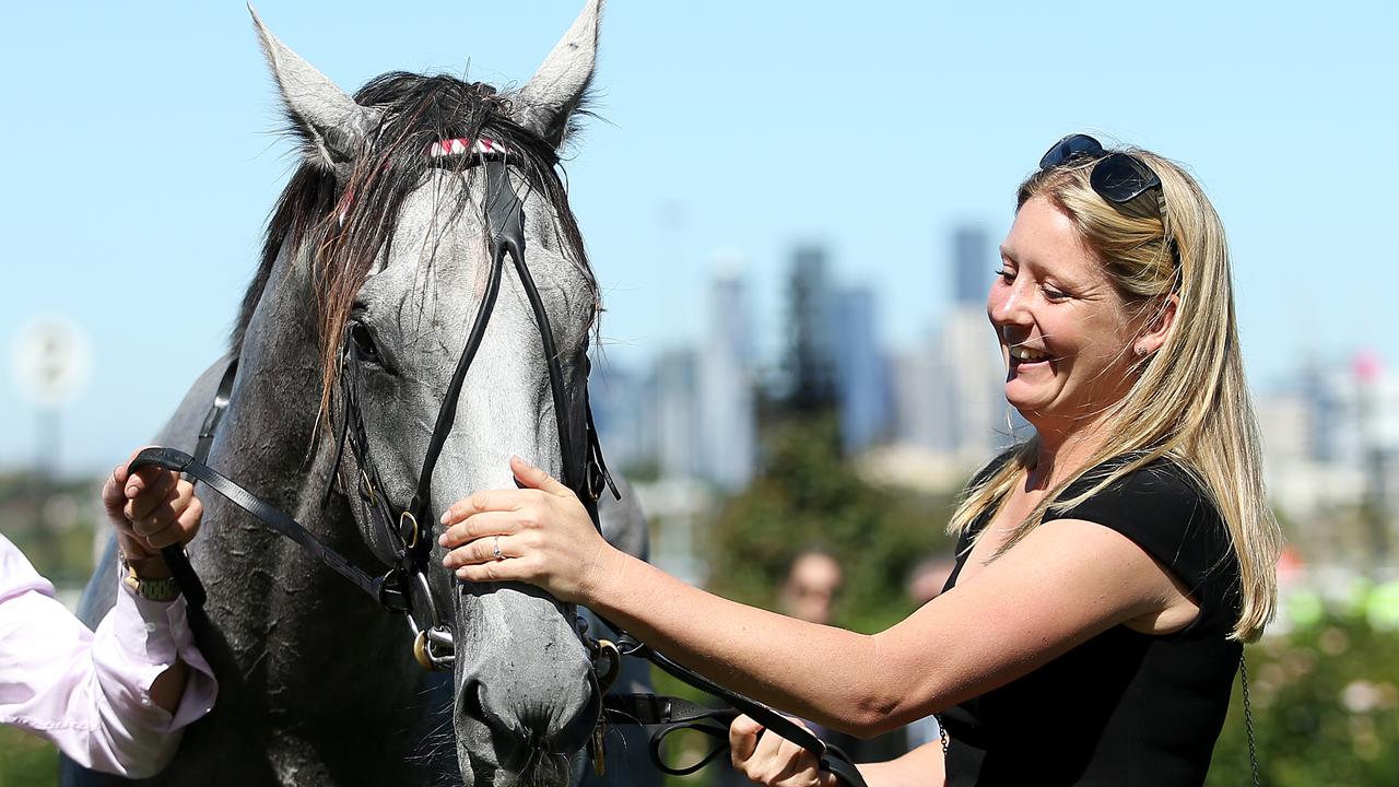 MELBOURNE, AUSTRALIA - FEBRUARY 29: Tiarnna Robertson (R) trainer of Fabergino celebrates after winning Race 6 the ATA/Bob Hoysted Handicap during Melbourne Racing at Flemington Racecourse on February 29, 2020 in Melbourne, Australia. (Photo by Jack Thomas/Getty Images)