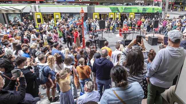 Tones and I performs at the Bourke St Mall during a pop up busking show. Picture: Tim Carrafa