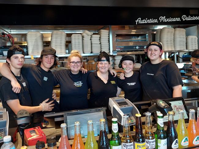 Guzman y Gomez are recruiting staff to join Jake Temple, Lucas Aleman, Juliette Keane, Kim Shelley, Ruby Birt and Hannah Morgan at their Willows store and other Townsville stores. Picture: Leighton Smith.