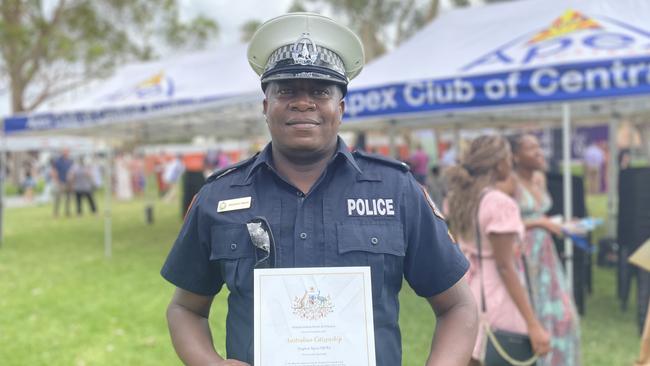 Alice Springs police officer Stephen Njuki received his Australian citizenship at the Australia Day ceremony today. Picture: Daniel Wood