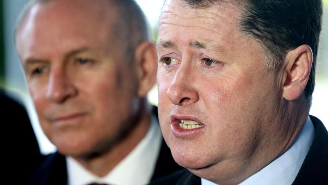 Premier Jay Weatherill and Health Minister Jack Snelling speak to media at the emergency department of the new Royal Adelaide Hospital after its opening last week. Photo: Calum Robertson.