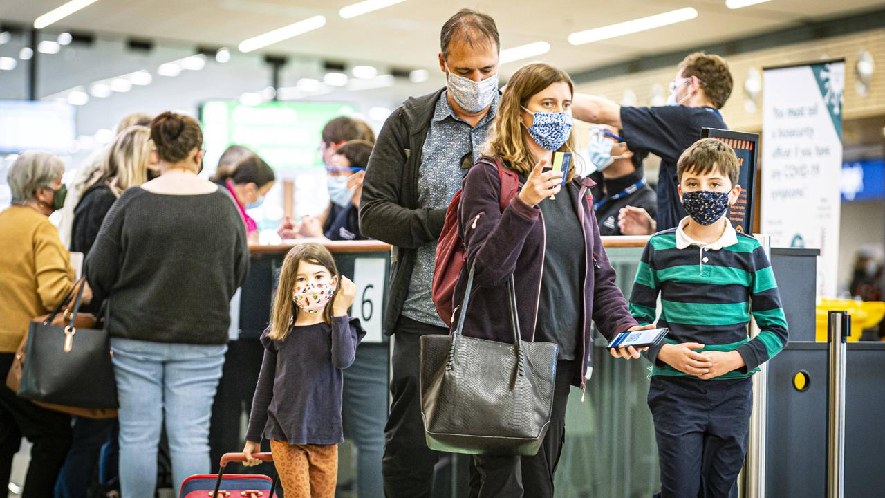 Arrivals into Hobart Airport going through Covid screening procedures with Biosecurity Tasmania. Picture: MATHEW FARRELL