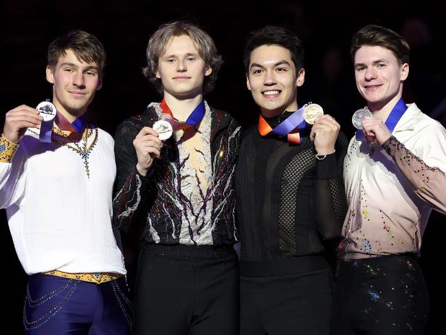 Maxim Naumov, right, poses after the medal ceremony for the Championship Men during the 2025 Prevagen U.S. Figure Skating Championships at Intrust Bank Arena on January 26, 2025 in Wichita, Kansas Pictiure: Getty Images via AFP