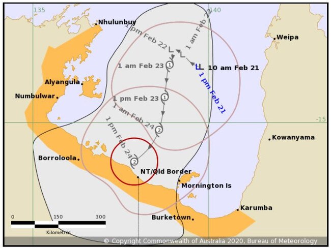 The BoM’s tropical cyclone forecast map issued at 1:53 pm