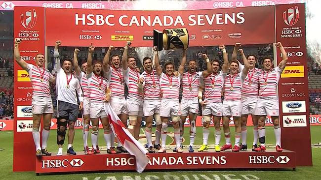 England celebrate their victory at the Vancouver Sevens