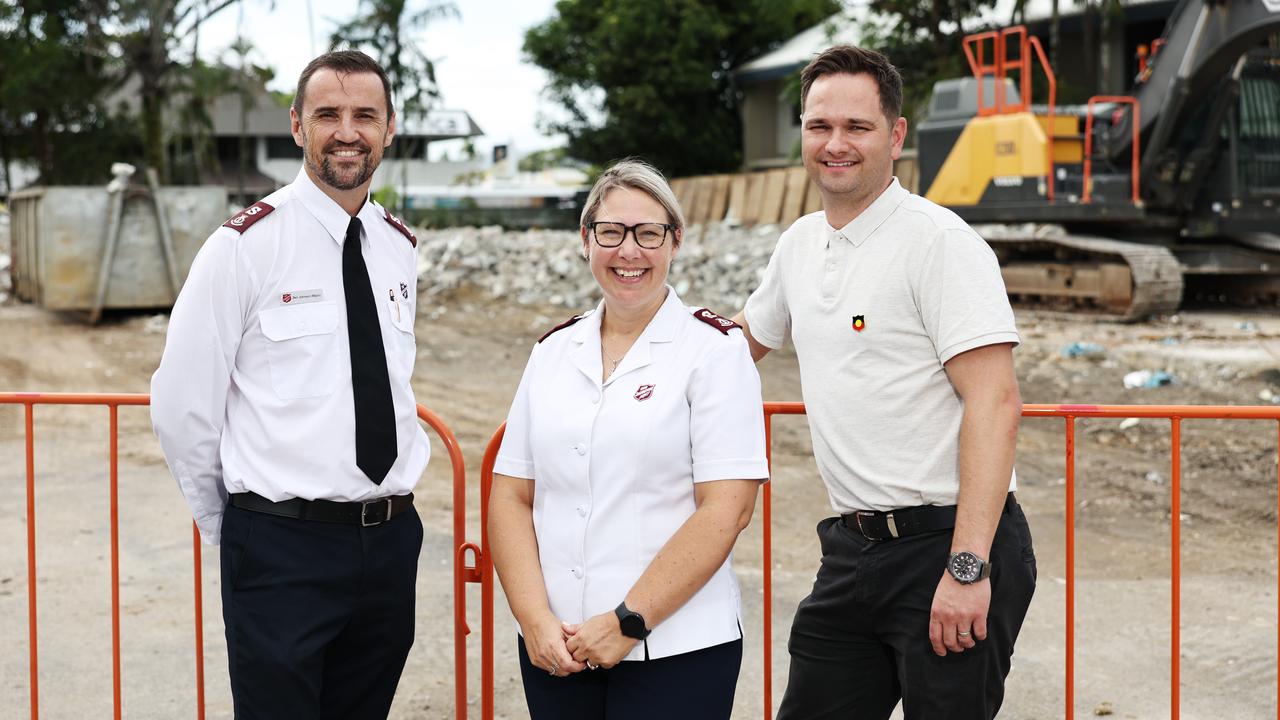 Salvation Army Far North Queensland captains Ben Johnson and Emma Johnson at the site of the new buildings with state manager for homelessness Aaron Pimlott. Picture: Brendan Radke