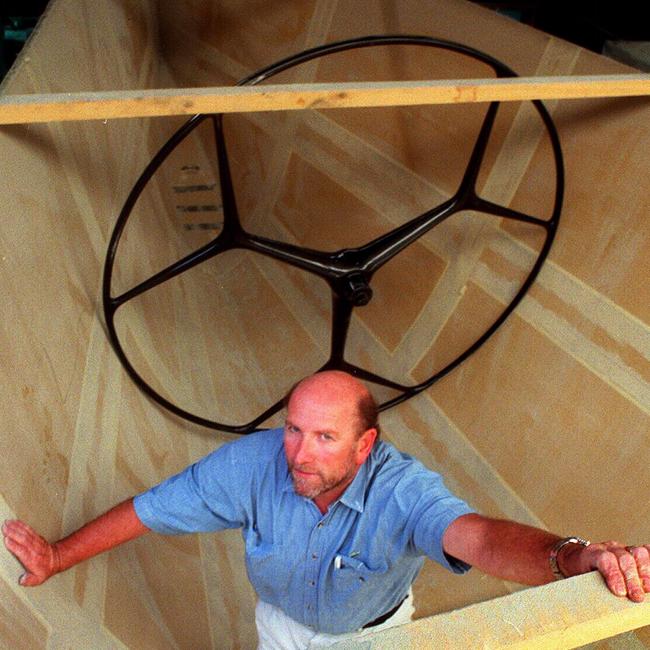 Boatbuilder John McConaghy in unfinished hull of a Whitbread 60 yacht. Picture: News Corp