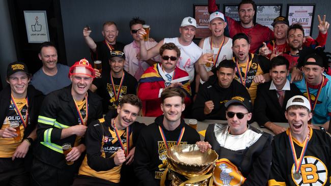 Glenelg players enjoy their Mad Monday premiership celebrations at the Marion Hotel. Picture: Naomi Jellicoe